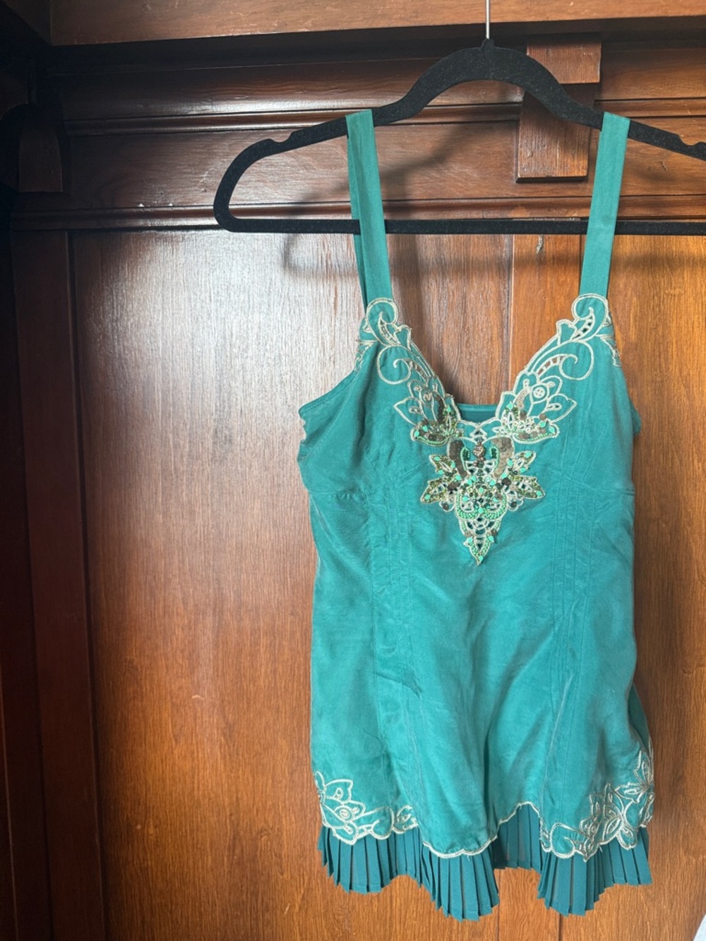 Karen Millen Teal Silk, Sequin Pleated Trim Camisole Top Y2K